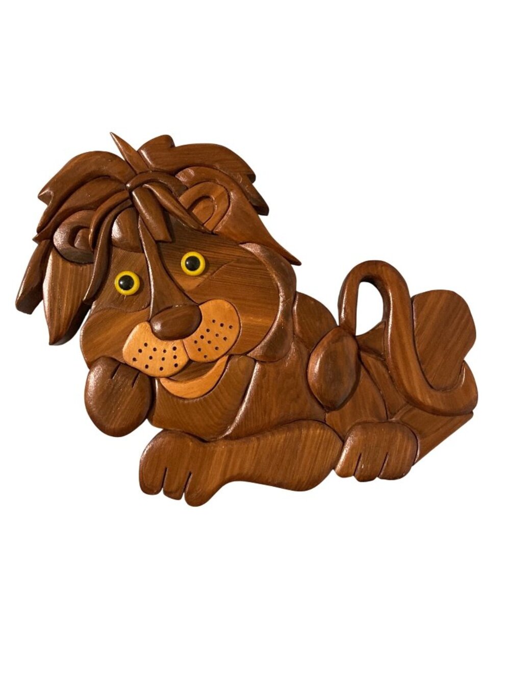 Vintage Wooden Lion Cub Wall Art Handmade Signed Intarsia Wood Animal